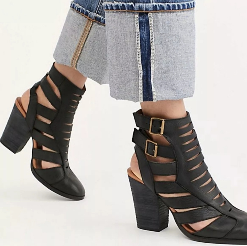 Stylish Strappy Free People Black Leather Booties - Picture 3 of 10